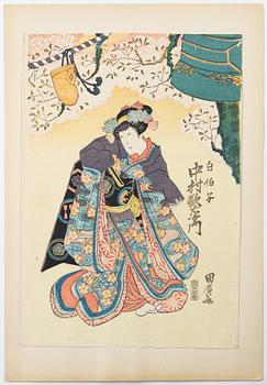 A group of six Japanese woodblock prints, including works by Utagawa Kunisada.