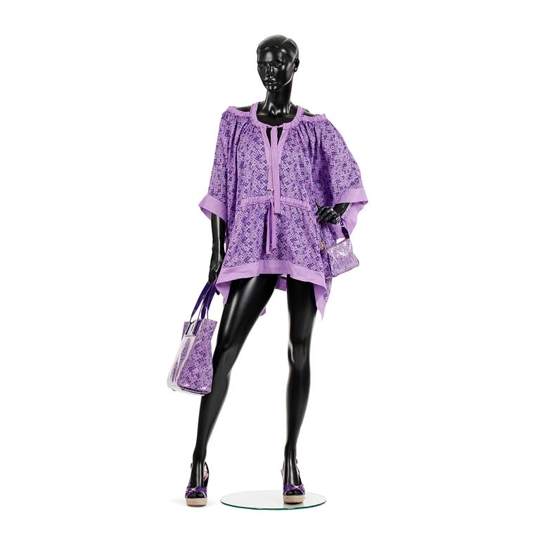 LOUIS VUITTON, a purple beach ensemble consisiting of a tunic, sandalettes, and two bags.