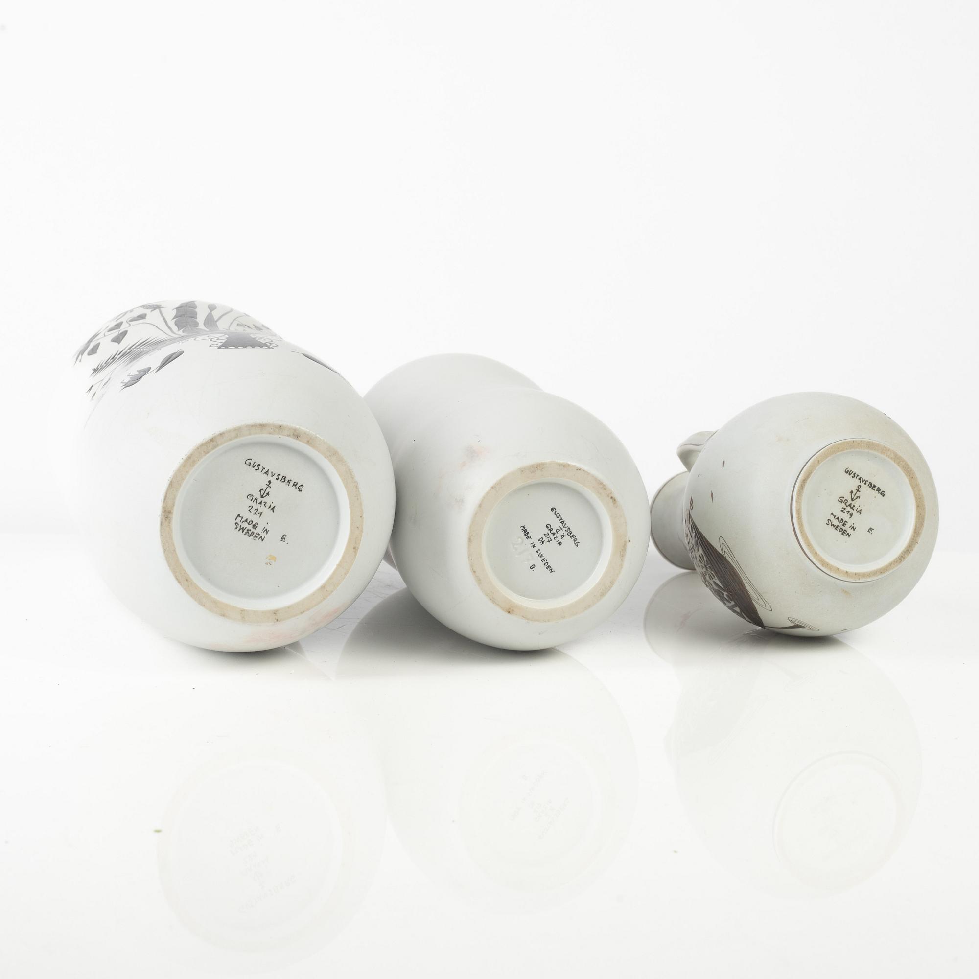 Stig Lindberg, three "Grazia" stoneware vases, Gustavsberg, Sweden, 1946-68.