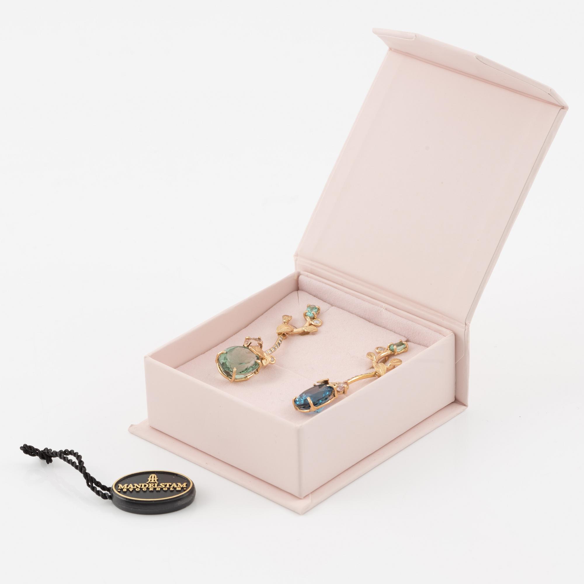 Earrings 18K gold with green quartz, blue topaz, apatite, and tourmaline and diamonds.