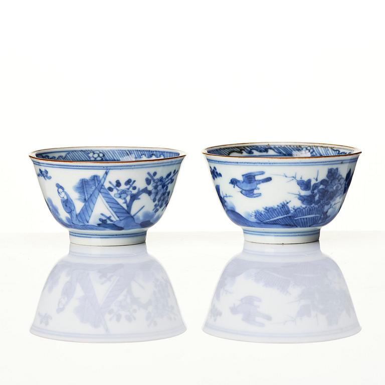 A matched set of eight blue and white cups and stands, Qing dynasty, Kangxi (1662-1722).