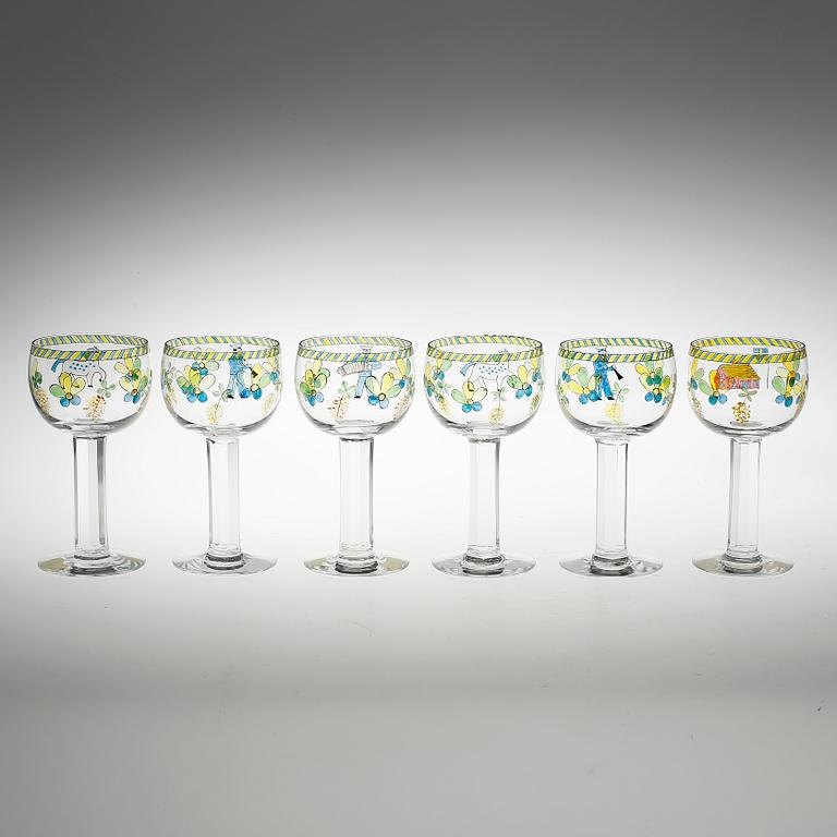 POKALER 6 st, Gunnar Cyrén, Orrefors, omkring 1970. Formgivna 1968. Emaljmålad dekor.