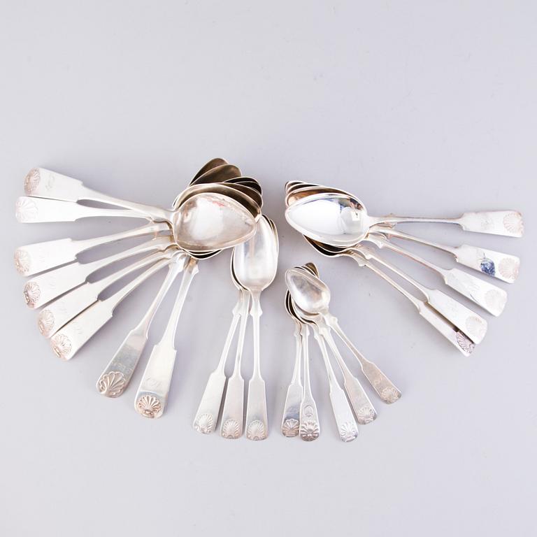 Silver cutlery with sea shell decoration, totally 27 pcs, Finnish hallmarks, 1848 - 1959.