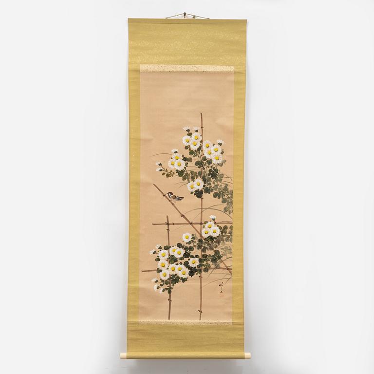 Unidentified artist, "Sparrow and Flowers", Japan, first half of the 20th century.