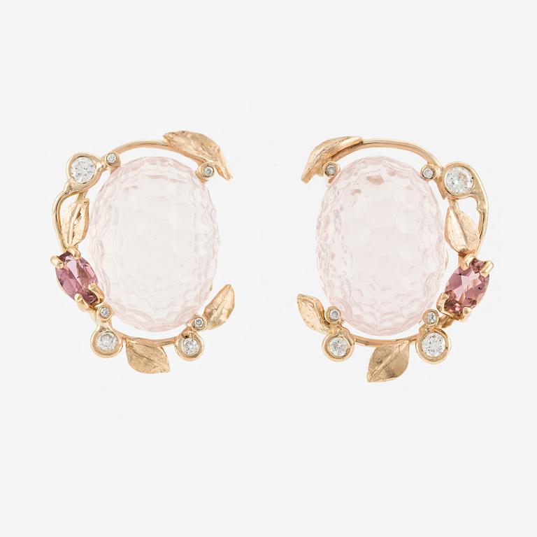 Earrings "honey comb" with cut rose quartz, pink tourmaline, and brilliant-cut diamonds.