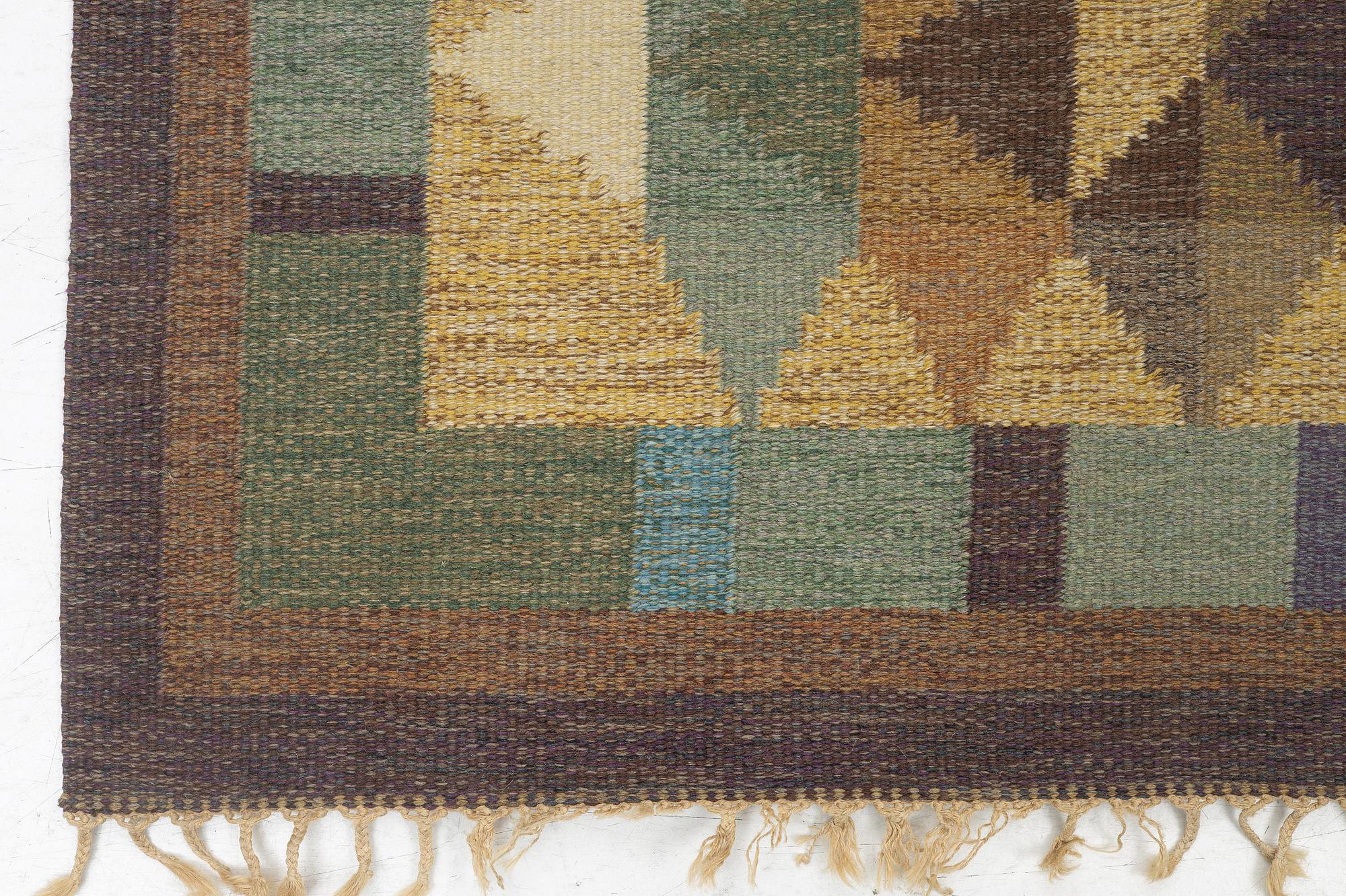 Inga-Mi Varneus Rydgren, a carpet, flat weave, c. 246 x 169 cm, signed IV.