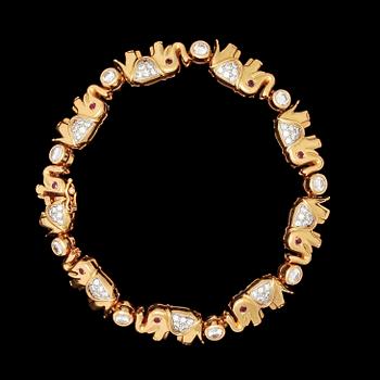 119. BRACELET, shape of elephants, brilliant cut diamonds, tot. app. 2 cts and rubies.