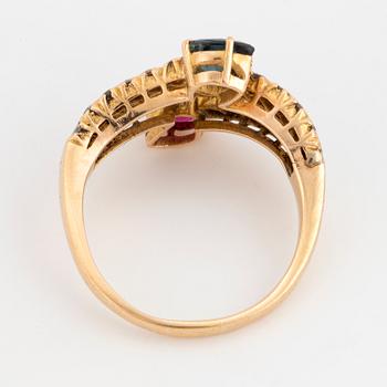 Ruby, sapphire and brilliant-cut diamond ring.