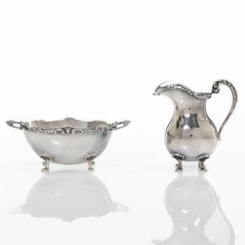 Cream jug, sugar bowl, and tray, silver, Rococo style, 20th century.