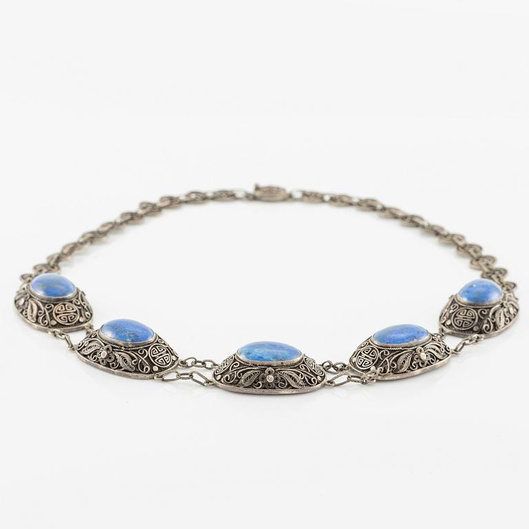 Necklace and earrings, silver with lapis lazuli.