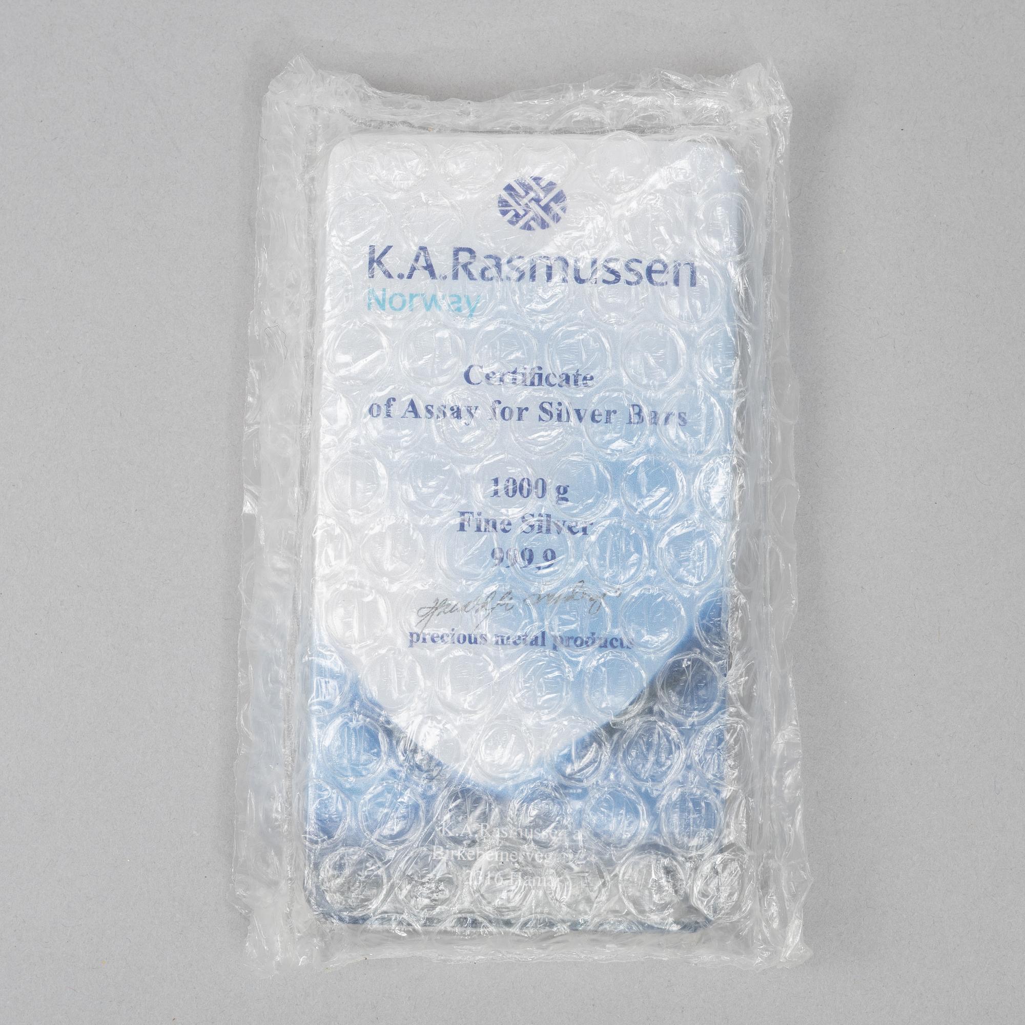 Silvertacka, 1000 gram finsilver, K.A. Rasmussen, Norge.