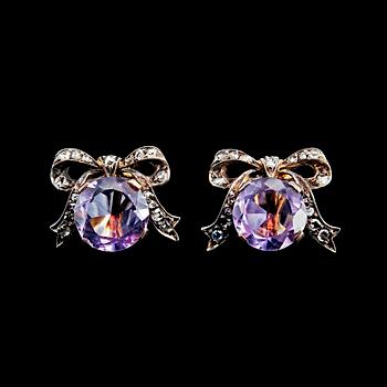 51. BOW EARRINGS, Amethysts Ø 10 mm and rose cut diamonds.