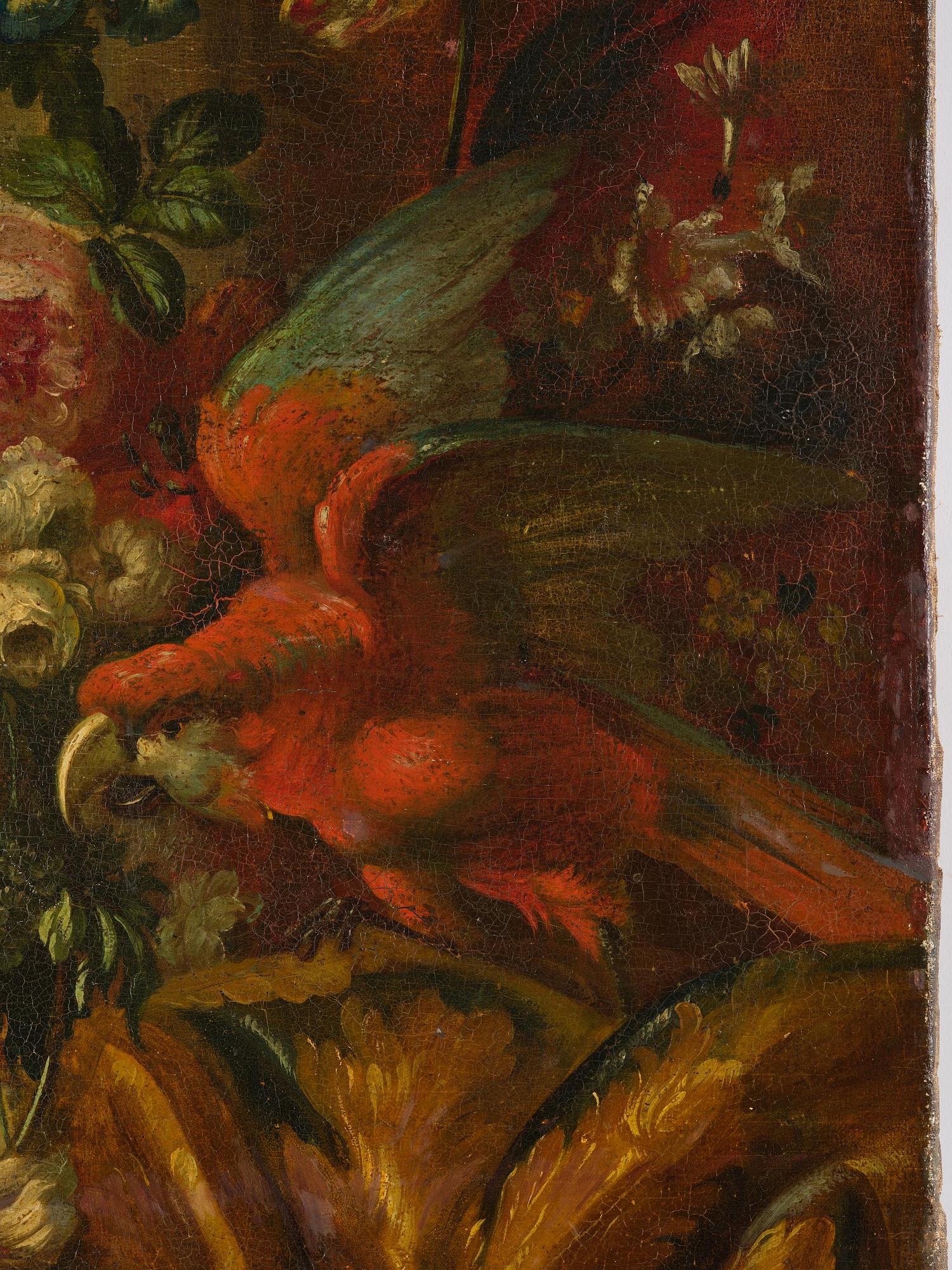 Pieter Casteels III, follower of, Wall panels, a pair, Flower urns with a parrot and a monkey respectively.