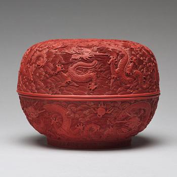 A carved red dragon box with cover, Qing dynasty (1662-1912).