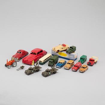 16 toy cars, mostly by Dinky Toys, from the latter half of the 20th century.