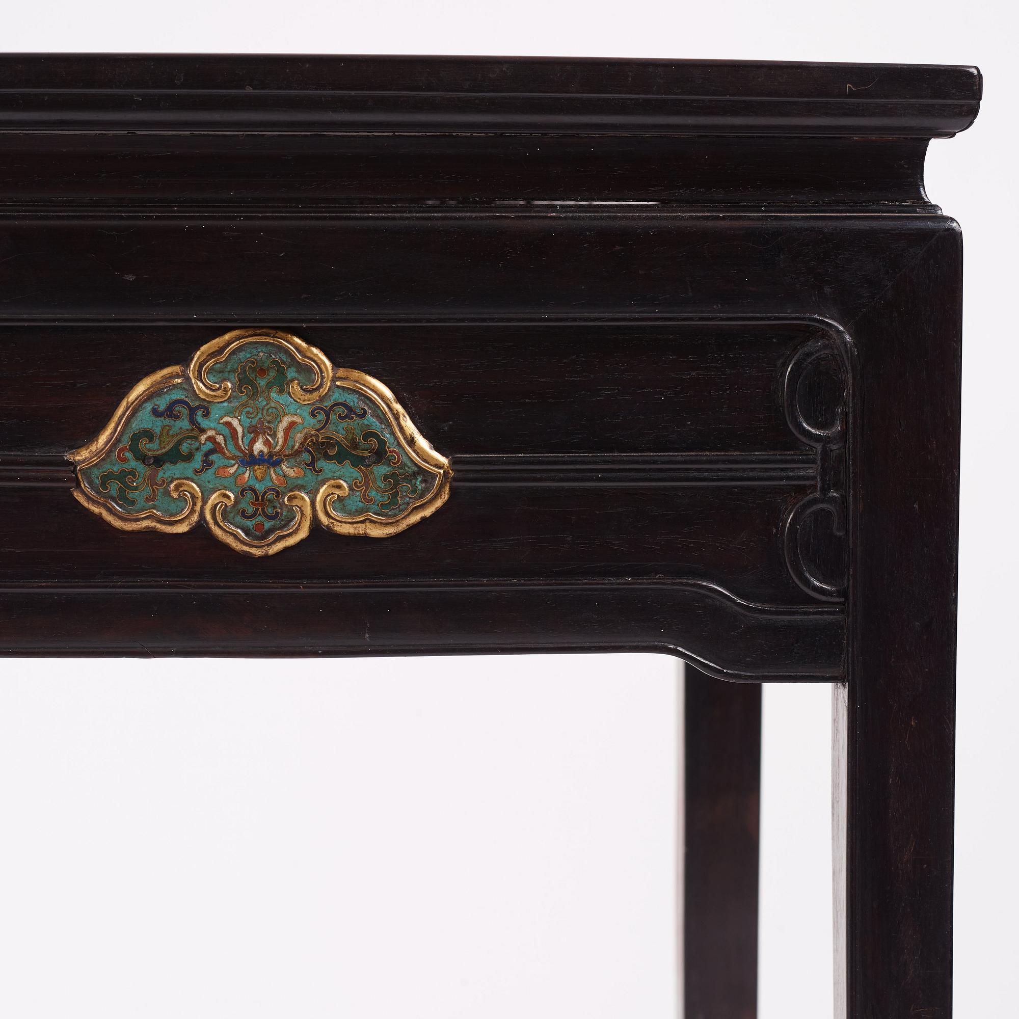 A Chinese zitan altar table with cloisonné placques, Qing dynasty, Qianlong period (1736-1795).