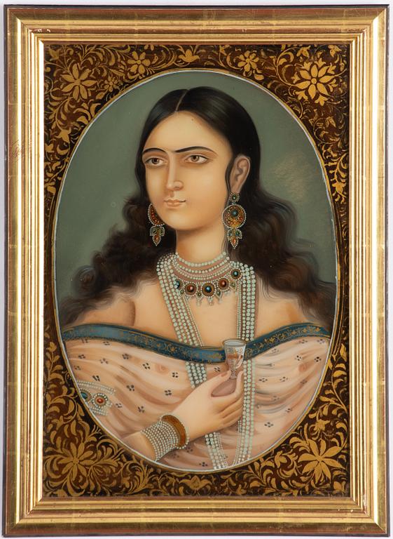 A Persian (Iranian) reverse glass painting, late Qajar dynasty.