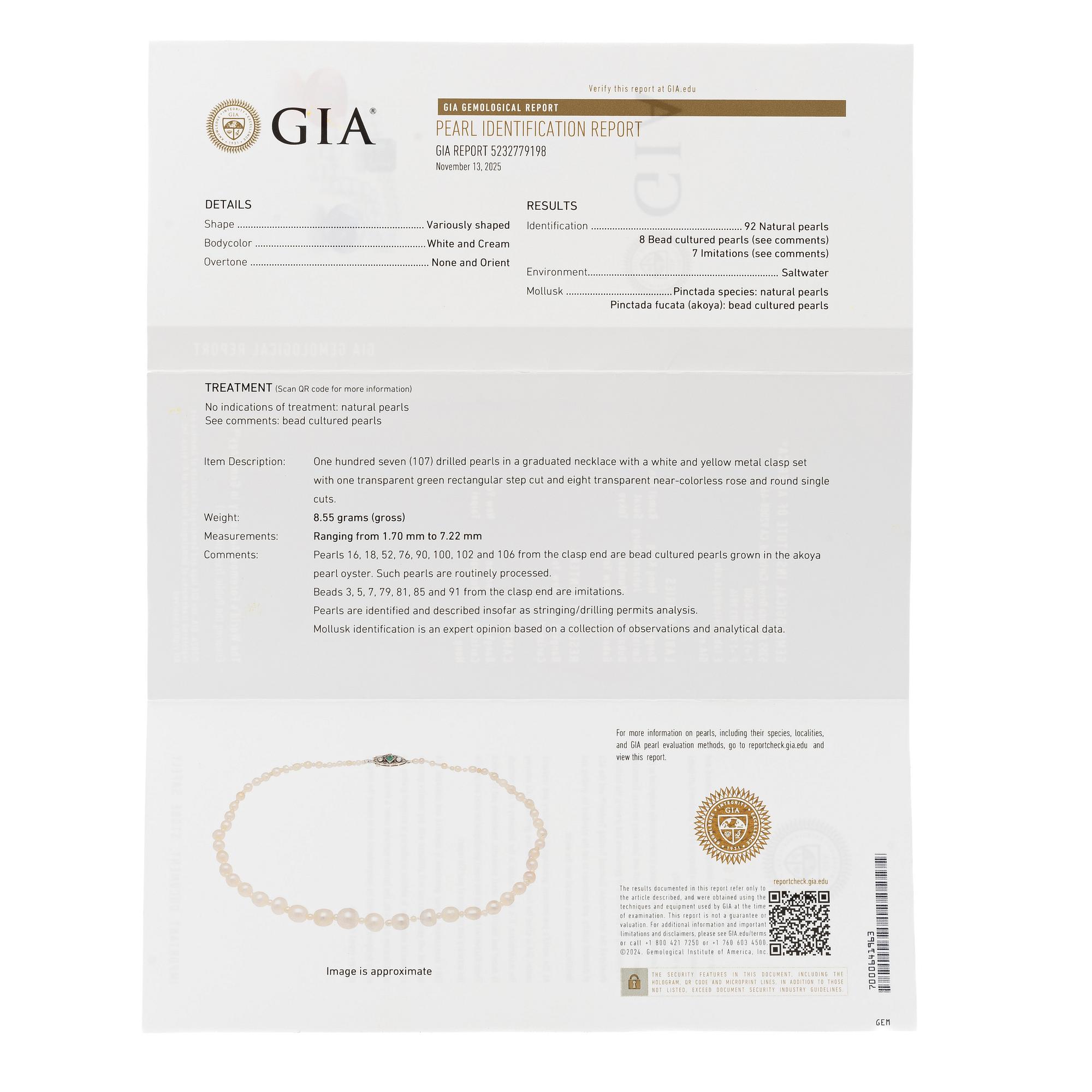 Necklace with natural and cultured pearls, accompanying GIA report.