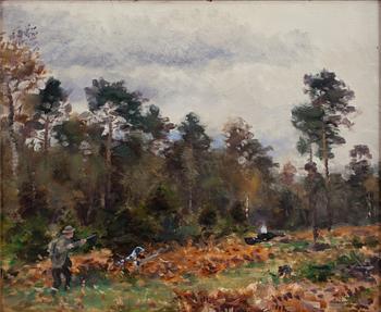 27. Lindorm Liljefors, Autumn scenary with hunter and dog.
