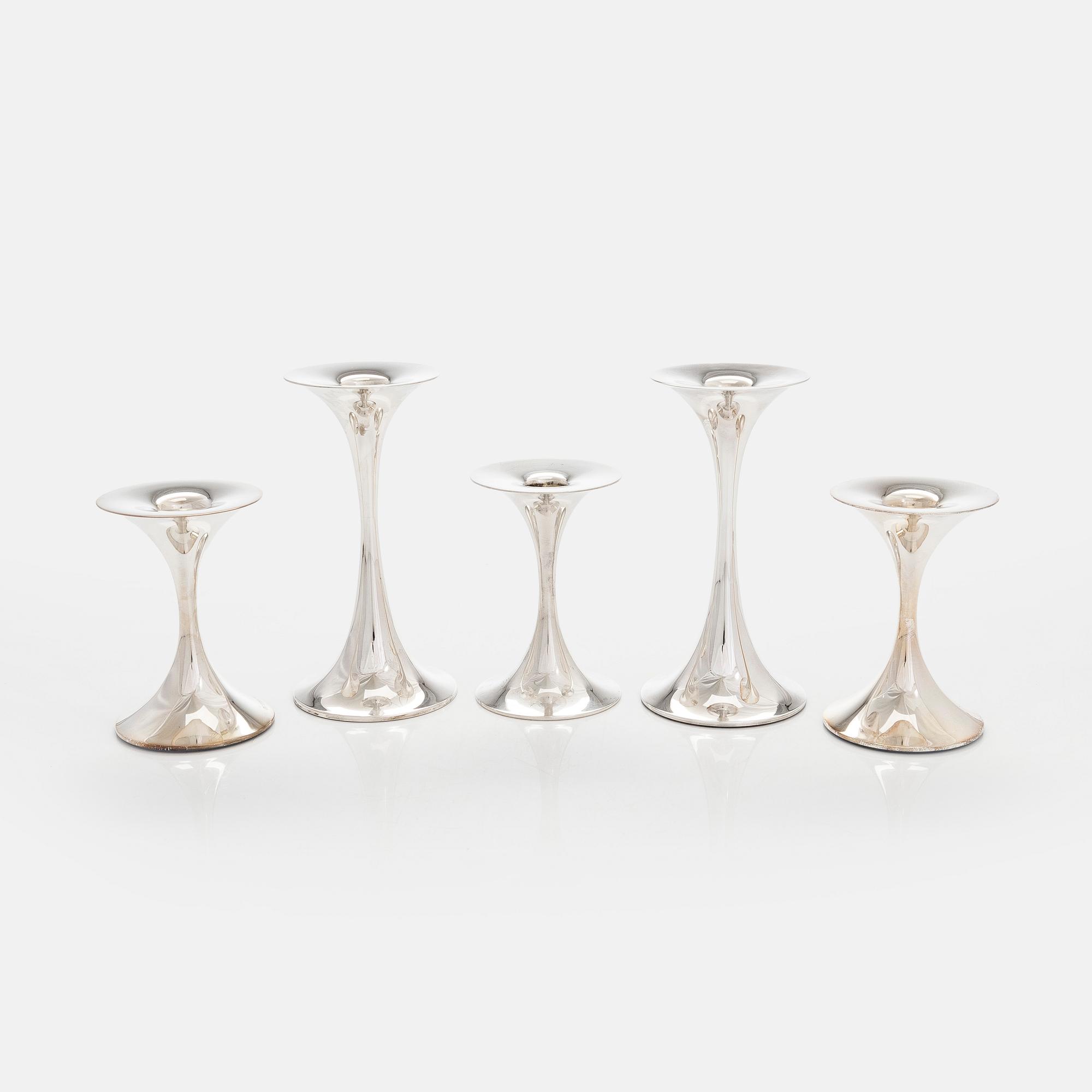Tapio Wirkkala, five silver candlesticks, "Trumpetti", Kultakeskus, Hämeenlinna 1992-2012.
