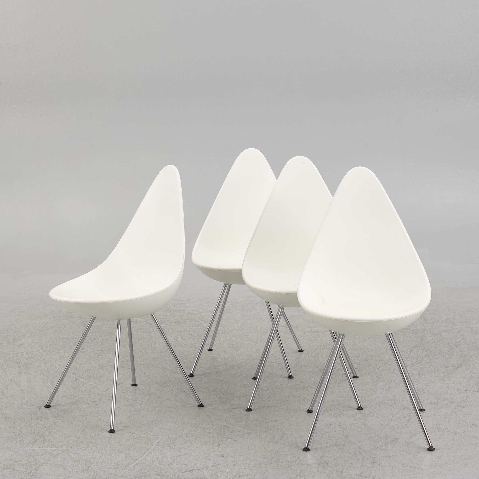 Arne Jacobsen, a set of four 'Drop' chiars, Fritz Hansen, Denmark 2019.