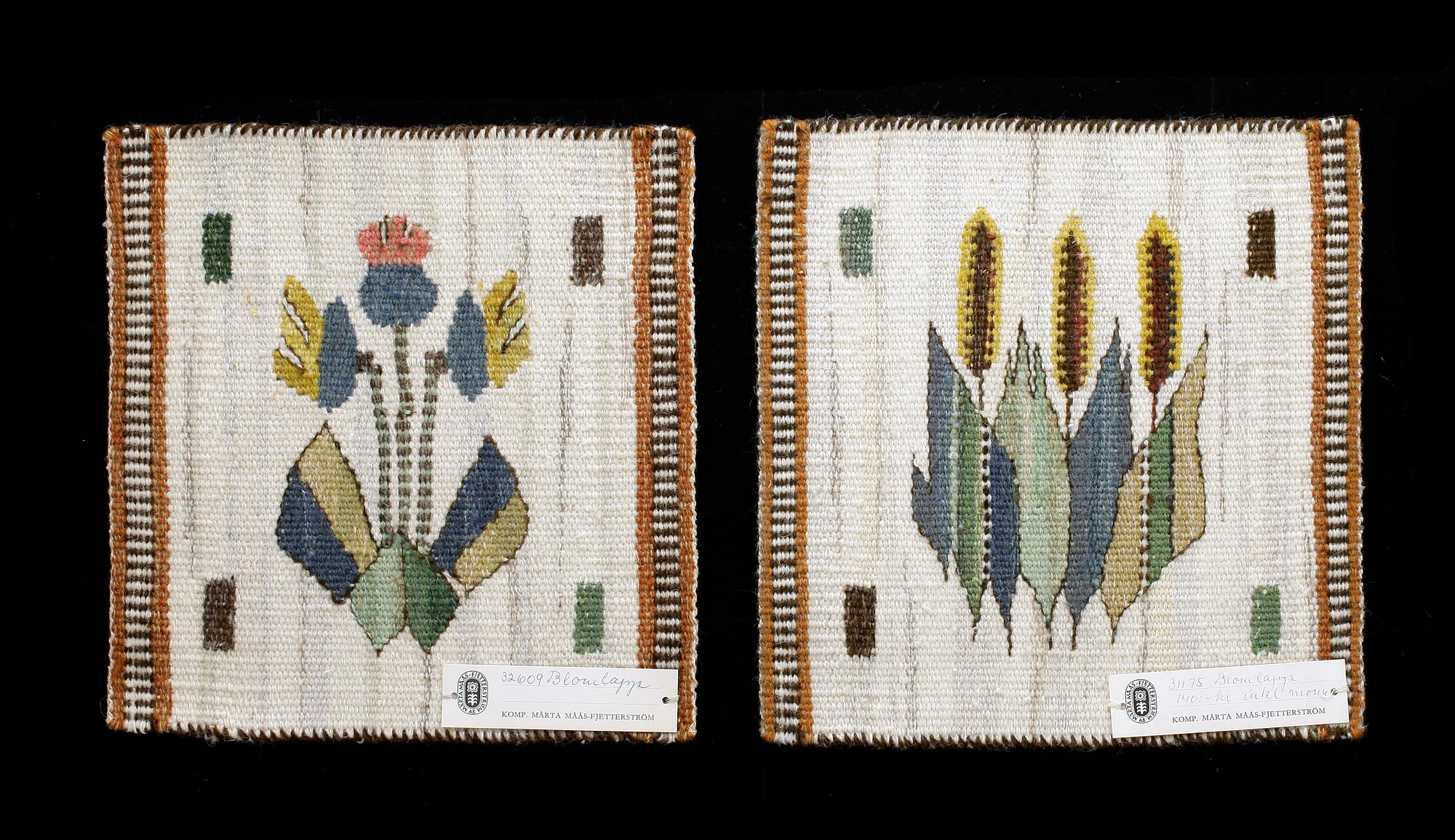 VÄVNADER, 2 st. "Blomlapp". Gobelängteknik. Signerade AB MMF (AB Märta Måås-Fjetterström).
