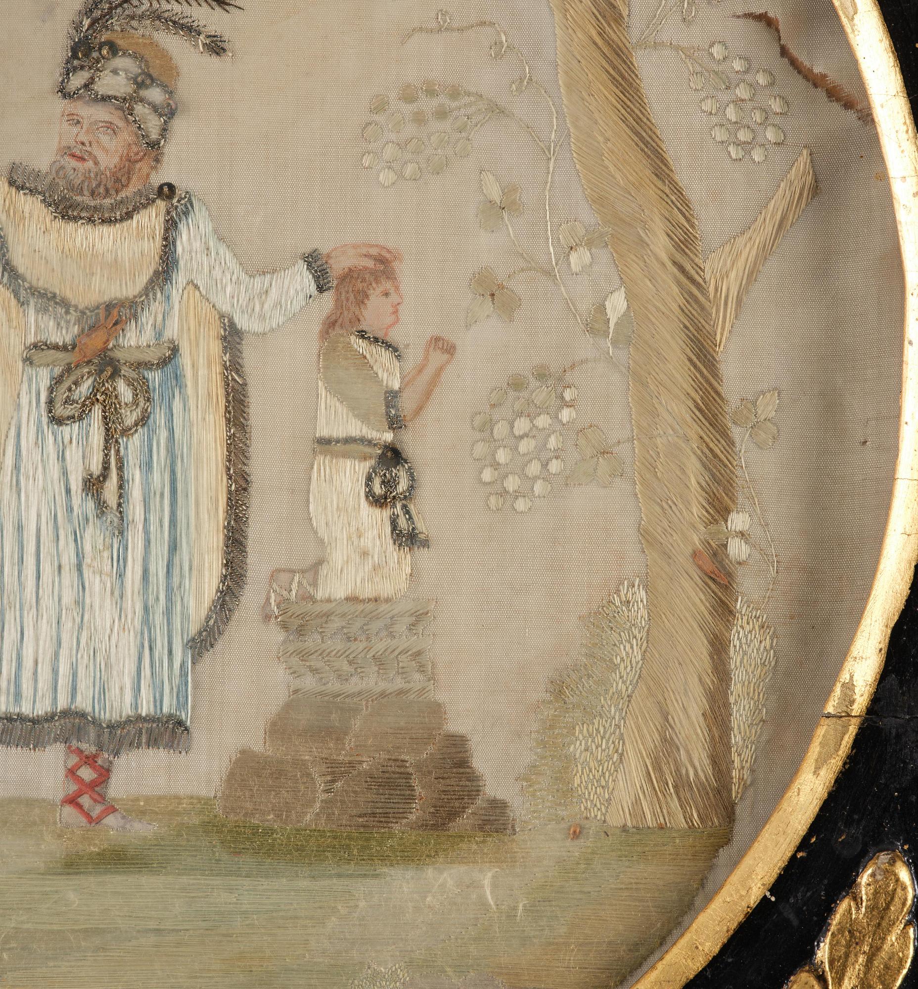 A late Gustavian frame and silk embroidery, dated 1802.