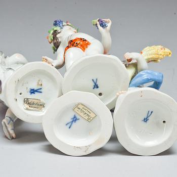 FIGURINER, 4 st, porslin, Meissen, 1900-tal.