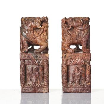 A pair of large soapstone seal stamps, late Qing dynasty/circa 1900.