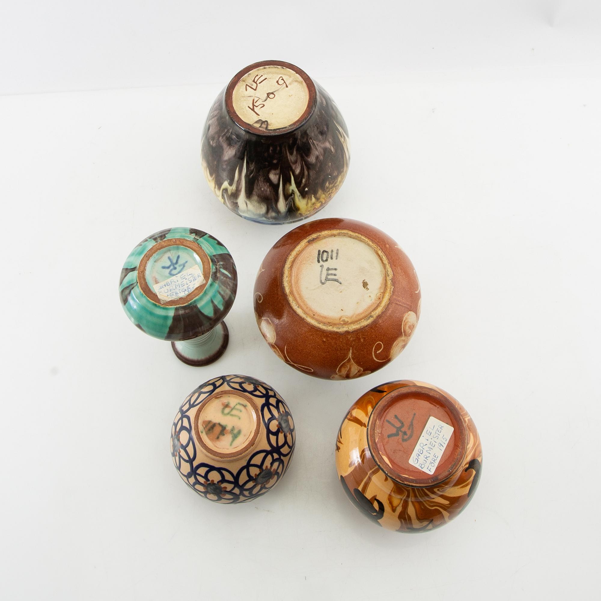 Vases 5 pcs Gabriel Burmeister and Uppsala Ekeby early 20th century glazed stoneware.