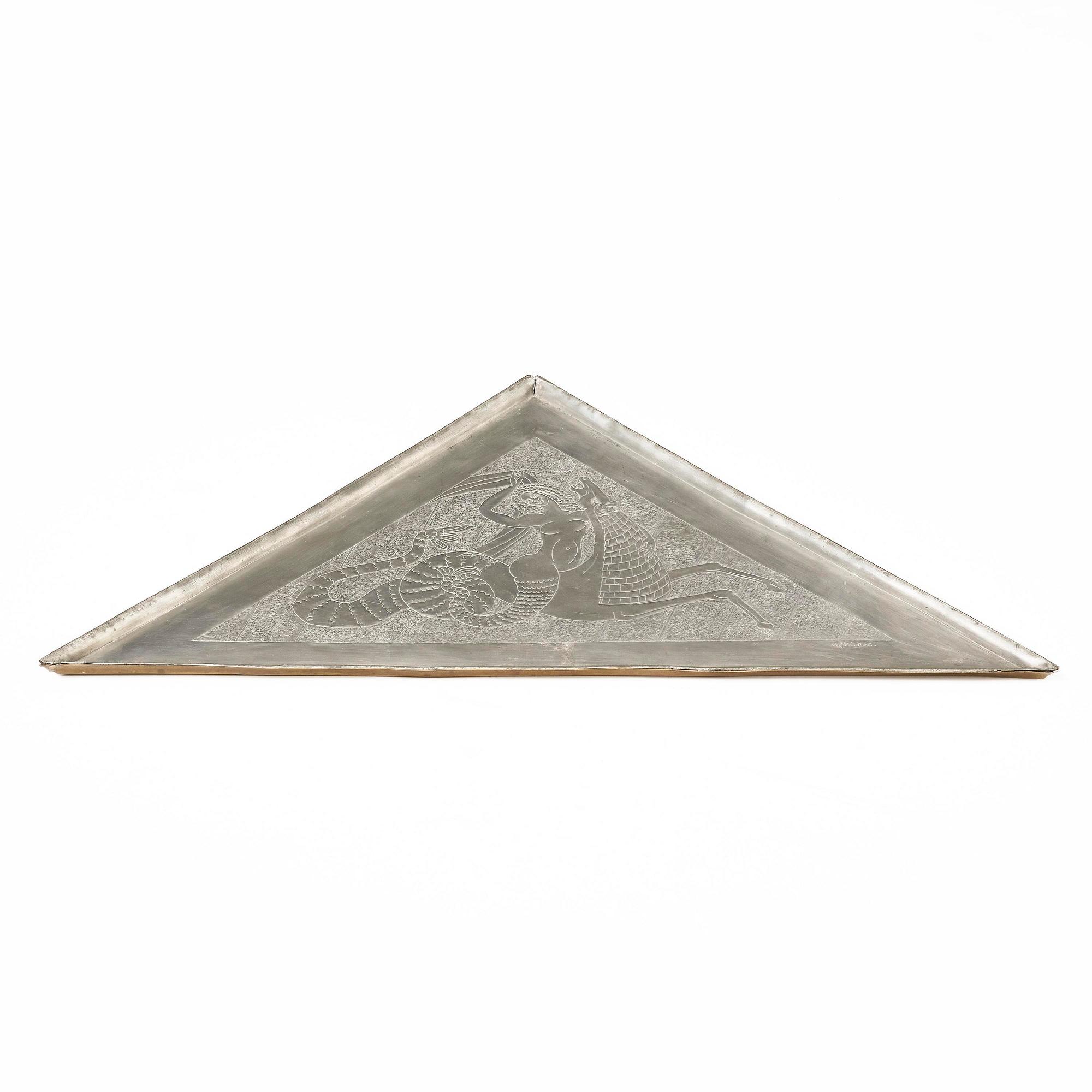Anna Petrus, a rare pewter and brass tray, executed in her studio, Stockholm, ca. 1922–24.