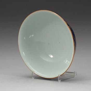 A blue glazed bowl, late Qing dynasty with Qianlong mark.