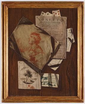 Sebastiano Lazarri Tillskrivna, Trompe l'oeil med teckningar och spelkort, ett par.
