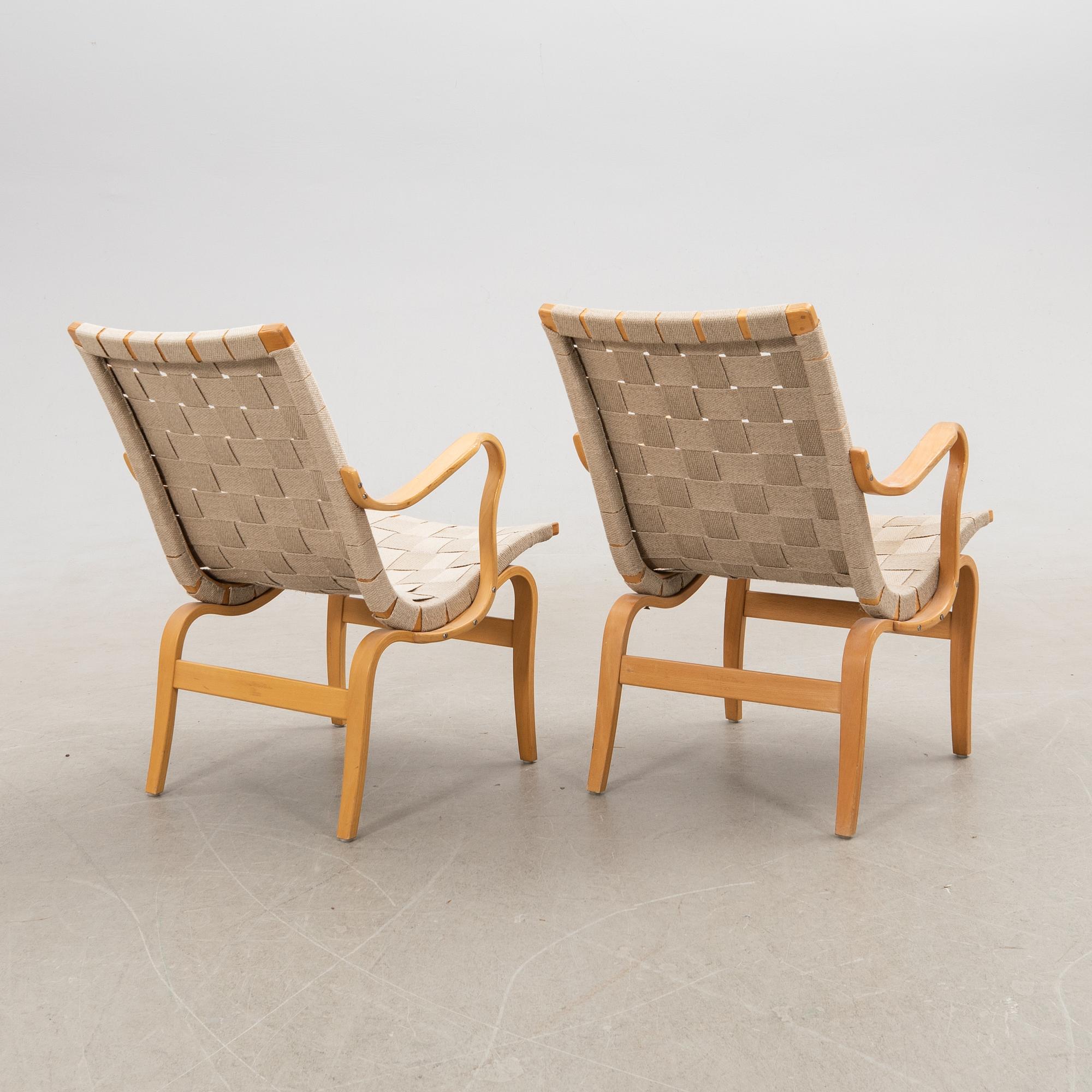 Bruno Mathsson, Fåtöljer/Karmstolar ett par, "Eva" Firma Karl Mathsson sent 1900-tal.