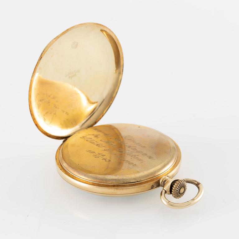 Pocket watch, 14K gold "Boliden guld Import", chain in double gold, 51 mm.