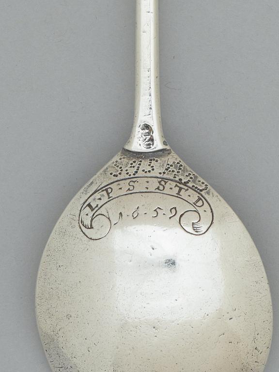 A possibly Norwegian 17th century silver spoon, unidentified makers mark, dated 1659.