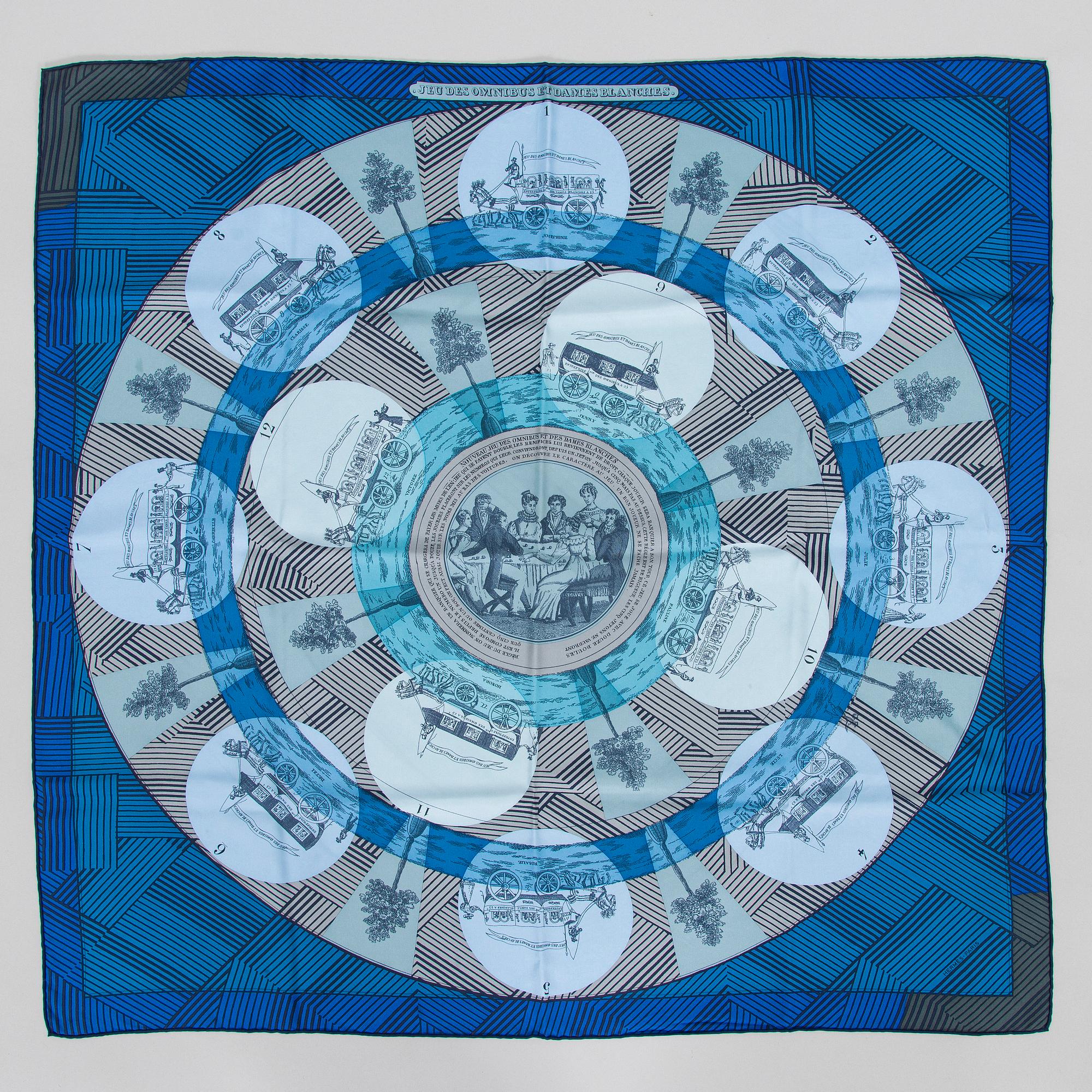 Hermès, scarf, "Jeu de Omnibus et Dames Blanches".