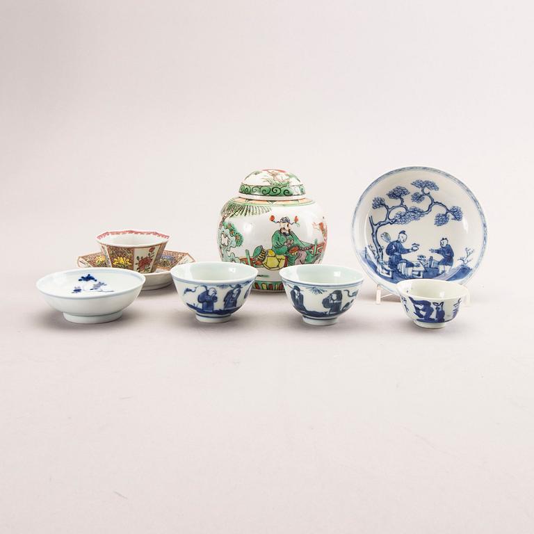 A set of seven different Chinese porcelain cups, saucers and urn 18th-20th century.