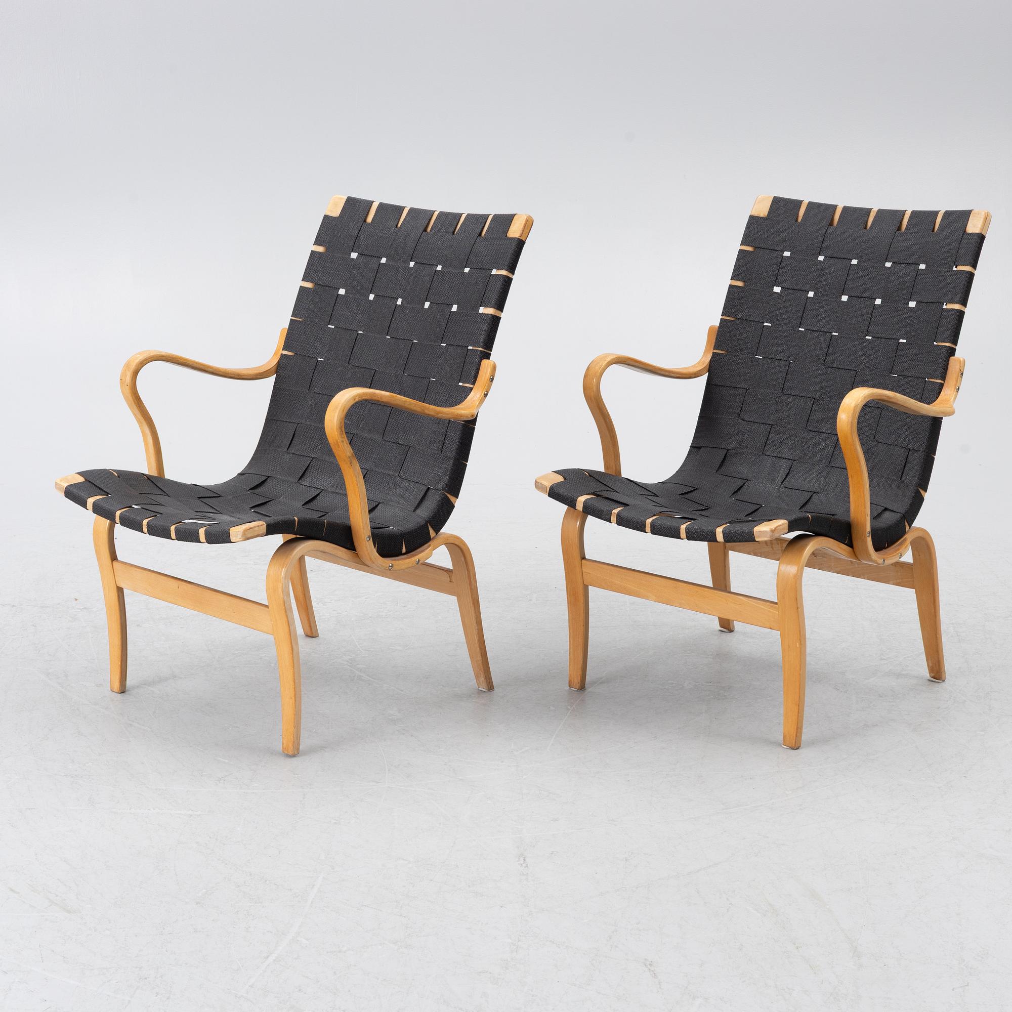 Bruno Mathsson, armchairs, "Eva", a pair, Firma Karl Mathsson, Värnamo, 1973.
