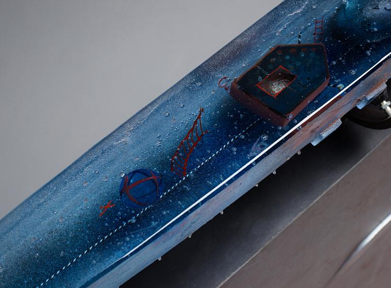 Bertil Vallien, a sand cast sculpture of a boat, Kosta Boda Sweden 2006, on original steel stand.