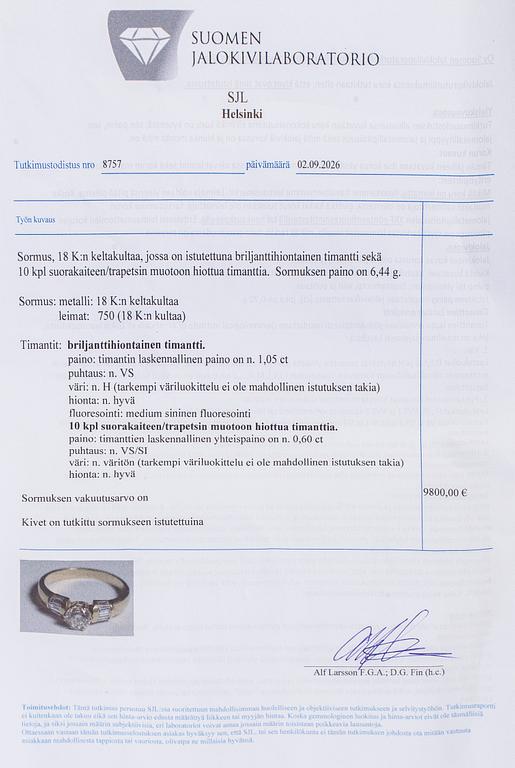 Ring, briljantslipad diamant ca 1,05 ct, 18K guld.