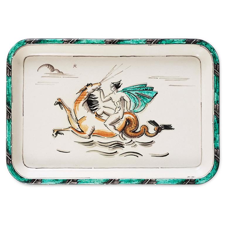 Hildur Haggård, a Swedish Grace glazed ceramic and mahogany tea table, 1920's-30's.