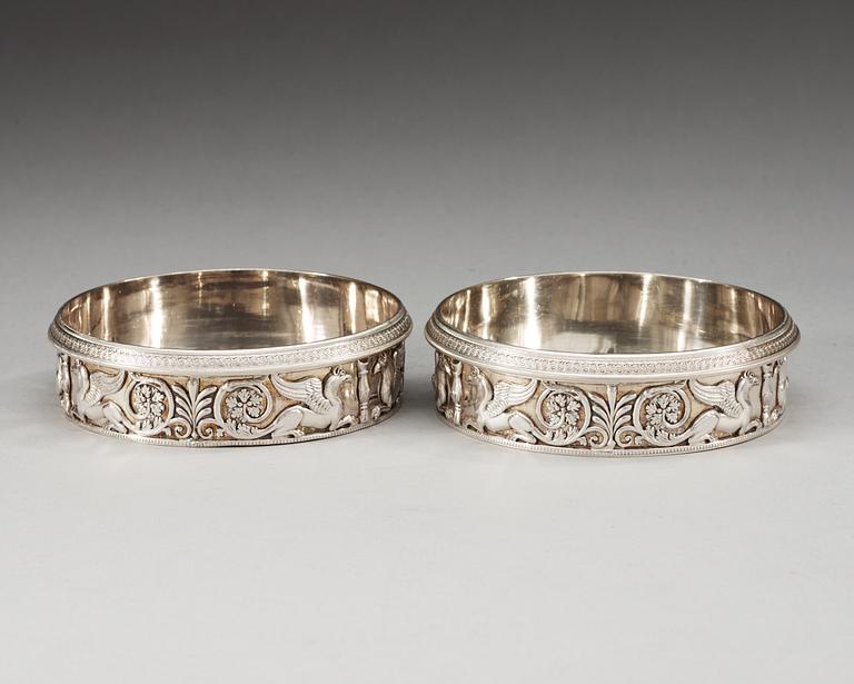 A pair of Swedish 19th century silver coasters, makers mark of Gustaf Möllenborg, Stockholm 1825.