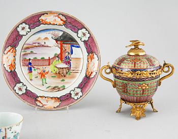Three polychrome cups with barrels, three cups, one bowl with lid and one plate, Qing dynasty, 18/19th century.
