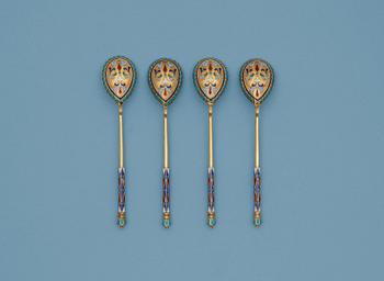 932. A set of four Russian 19th century silver-gilt coffee-spoons, unidentified makers mark, Moscow 1880's.
