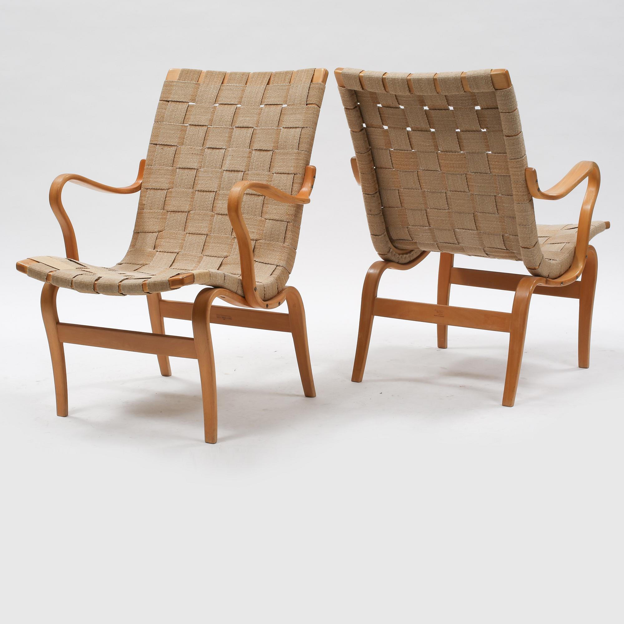 KARMSTOLAR, ett par, "Eva", Bruno Mathsson, Firma Karl Mathsson, Värnamo, 1976.