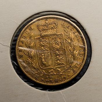 GULDMYNT, 2 st, Victoria Young Head Shield Sovereign-mynt, 1845 och 1862.