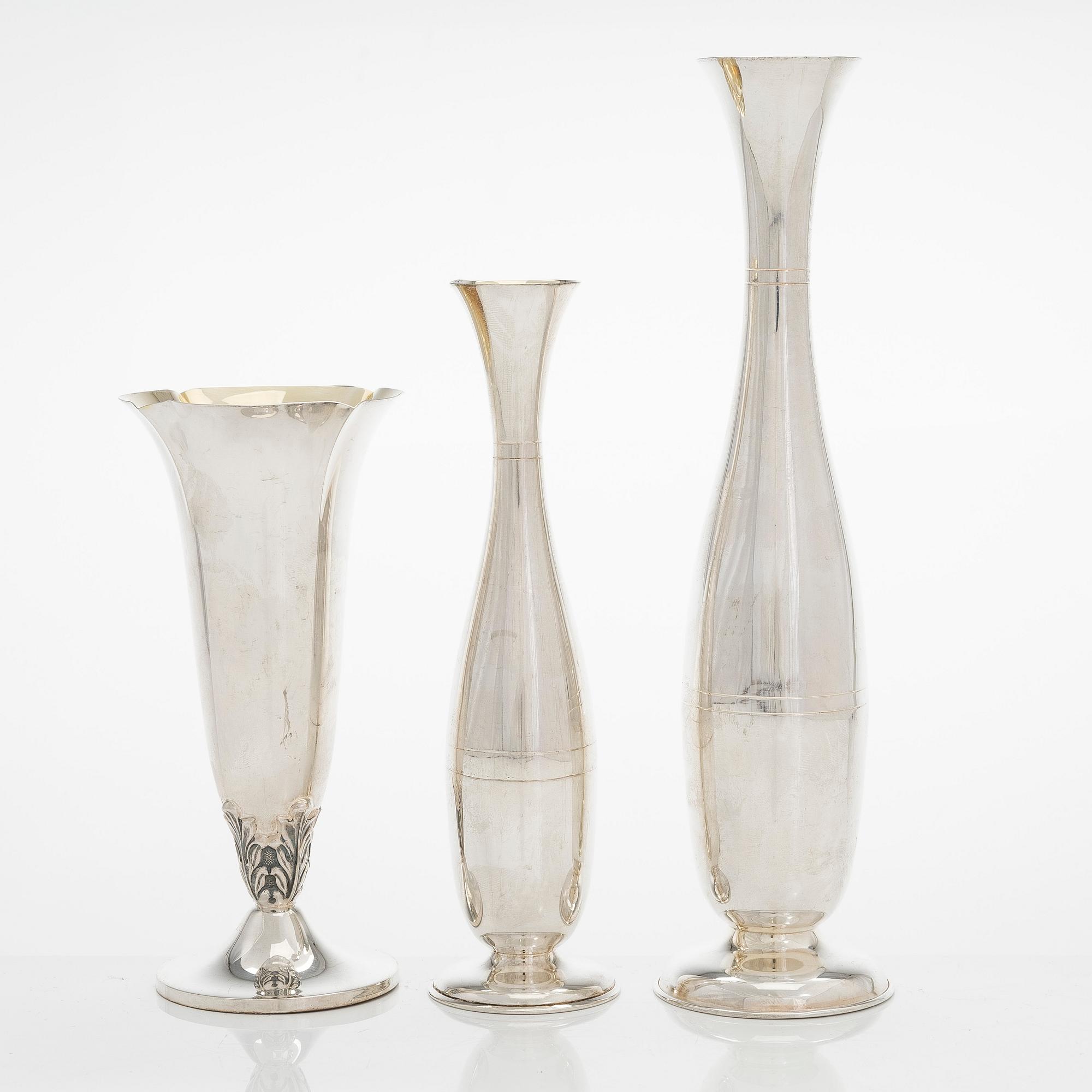 Three silver vases, Miettinen & Nurmi, Auran Kultaseppä Oy, Turku, Finland 1952-63.