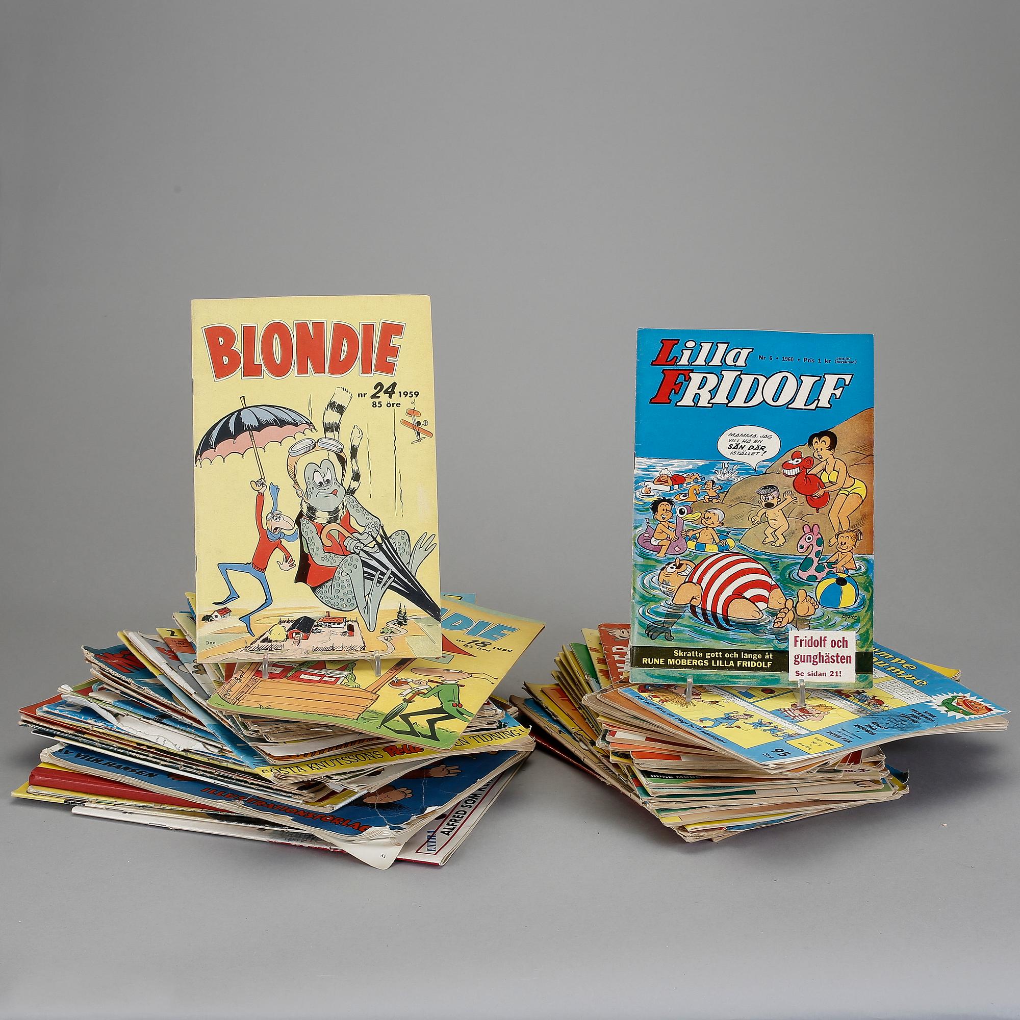 SERIETIDNINGAR, 76 st Dagobert, Blondie, Lilla Fridolf, Hacke Hackspett, Tuff och Tuss, Rasmus Nalle mfl. 1950-/60-tal.