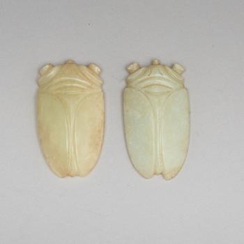 A nephrite brushwasher and three figurines, Qing dynasty or older.